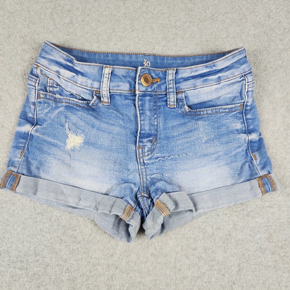 No Boundaries Denim Shorts Womens W25 Blue Distressed Mid Rise Cuffed Stretch